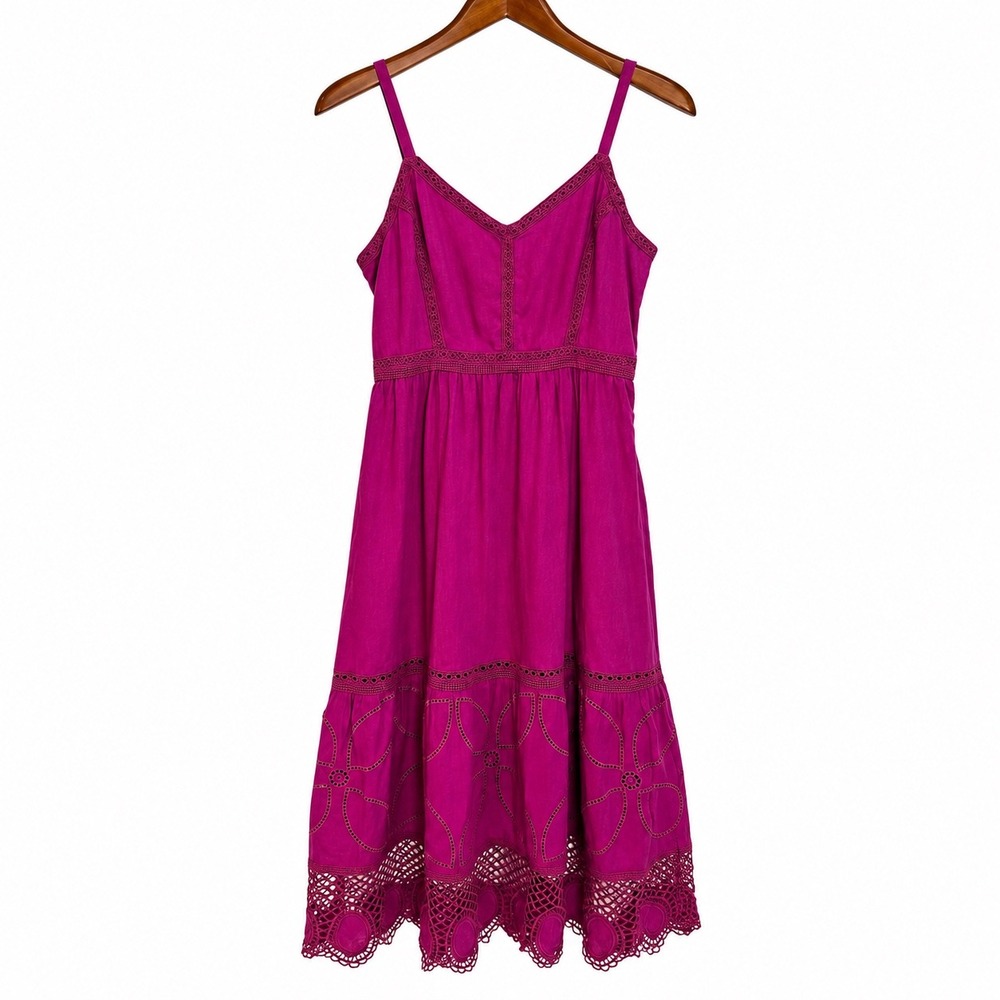 LOFT Magenta Purple Crochet Lace Trim Midi Dress V-Neck Sleeveless Size 2